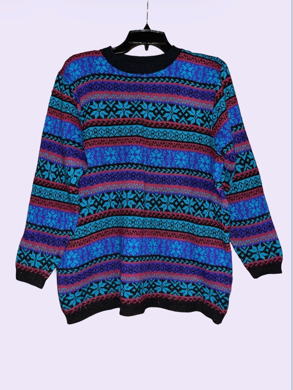 Alfred Dunner Black Crewneck Sweater with Blue, Purple & Pink Stripes